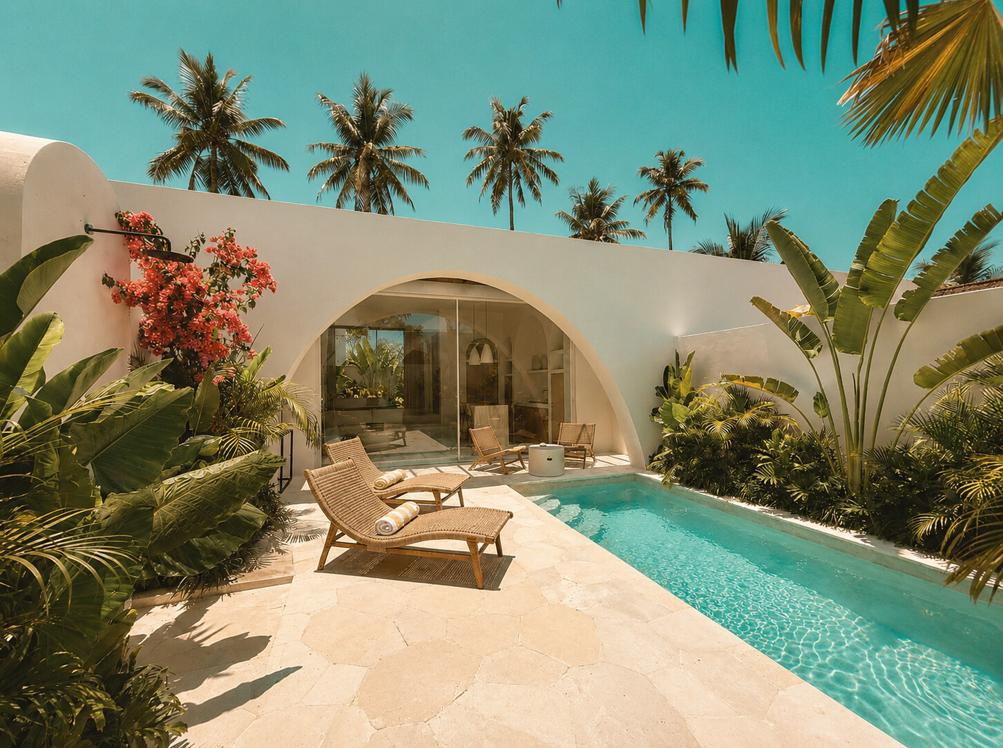 Arched white villa with a turquoise plunge pool, loungers and a tropical garden